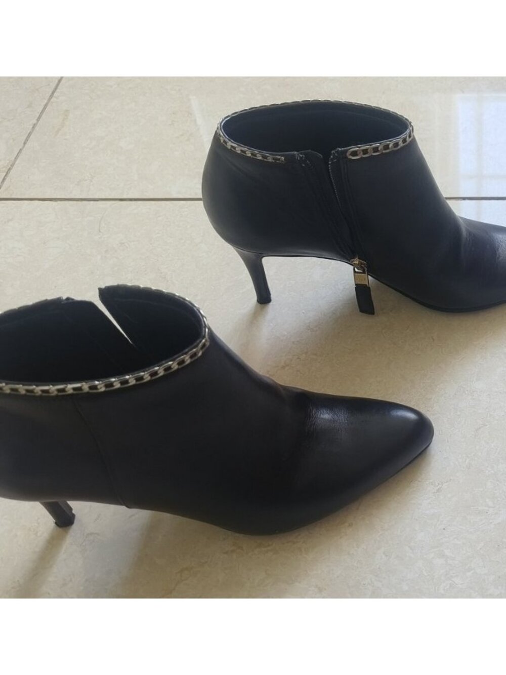 LK Bennett Black Leather Heeled Ankle Boots Gold Chain Trim Size 4 EU 35